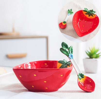 Snacksskål i fruktform med matchande sked - handmålat porslin