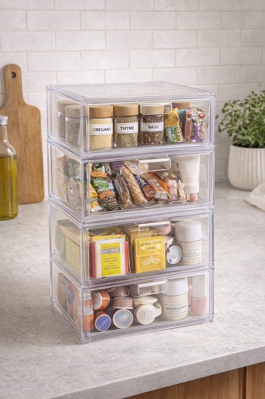 Staplingsbara genomskinliga plastlådor