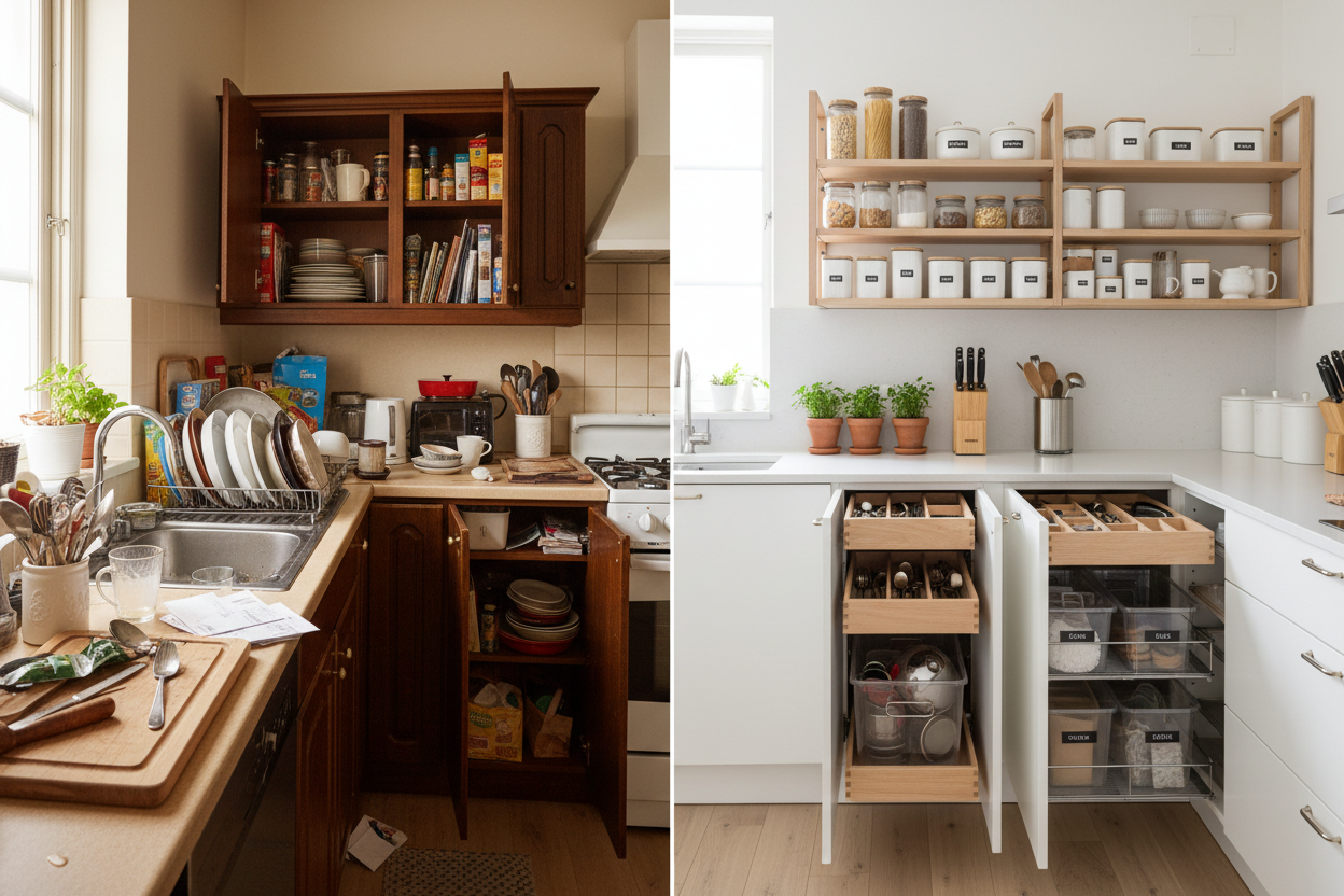 Ett oorganiserat kök, till ett organiserat kök med före och efter bilder, med förvaringslådor osv